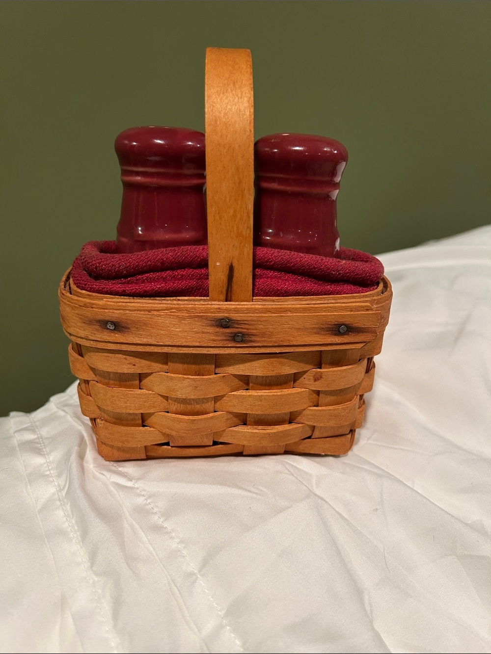 Longaberger Red Ceramic Shakers in Classic Woven Basket